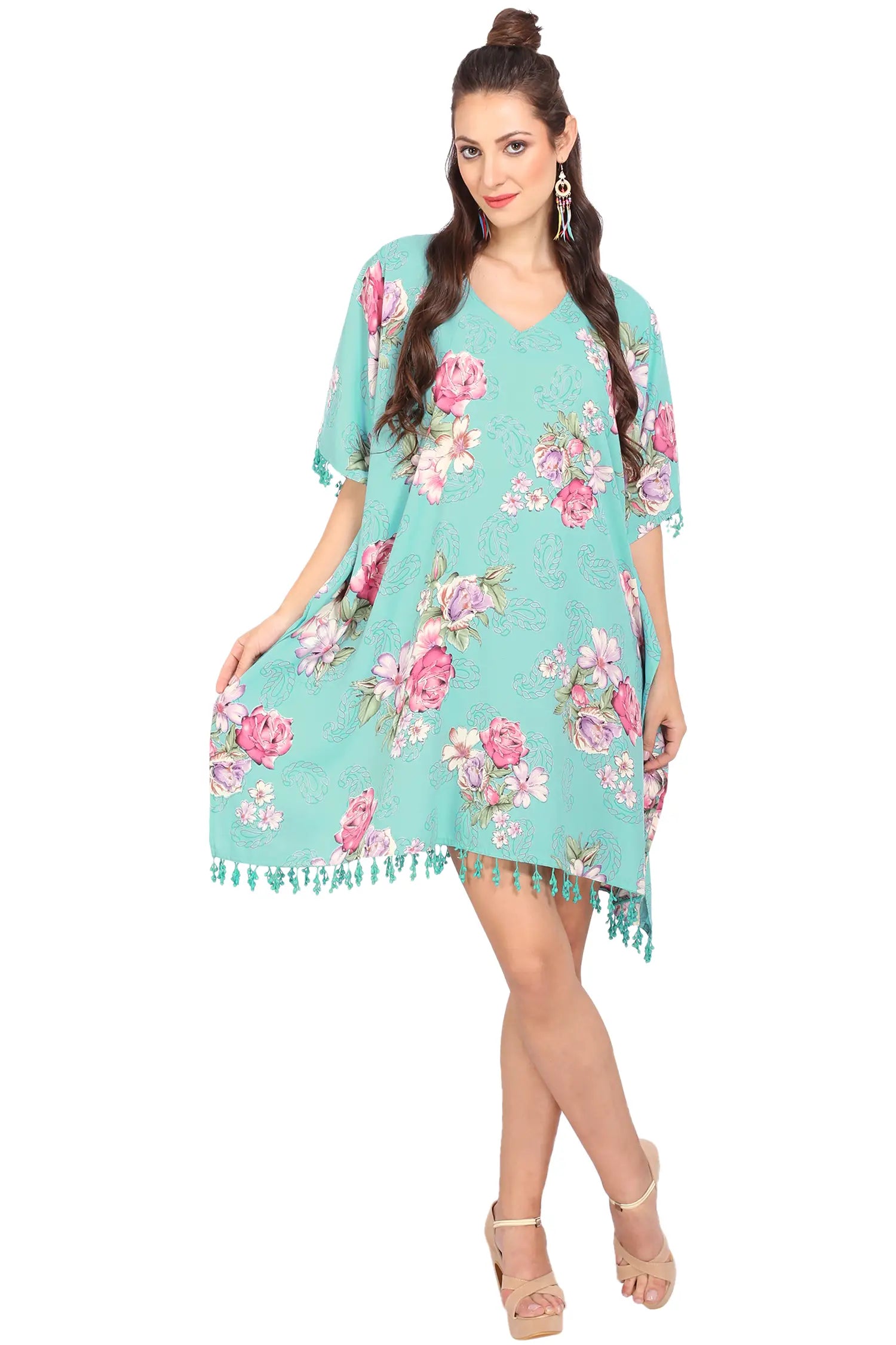 Women Short Kaftans Summer Holiday Caftan Dress Sea Green S-3XL