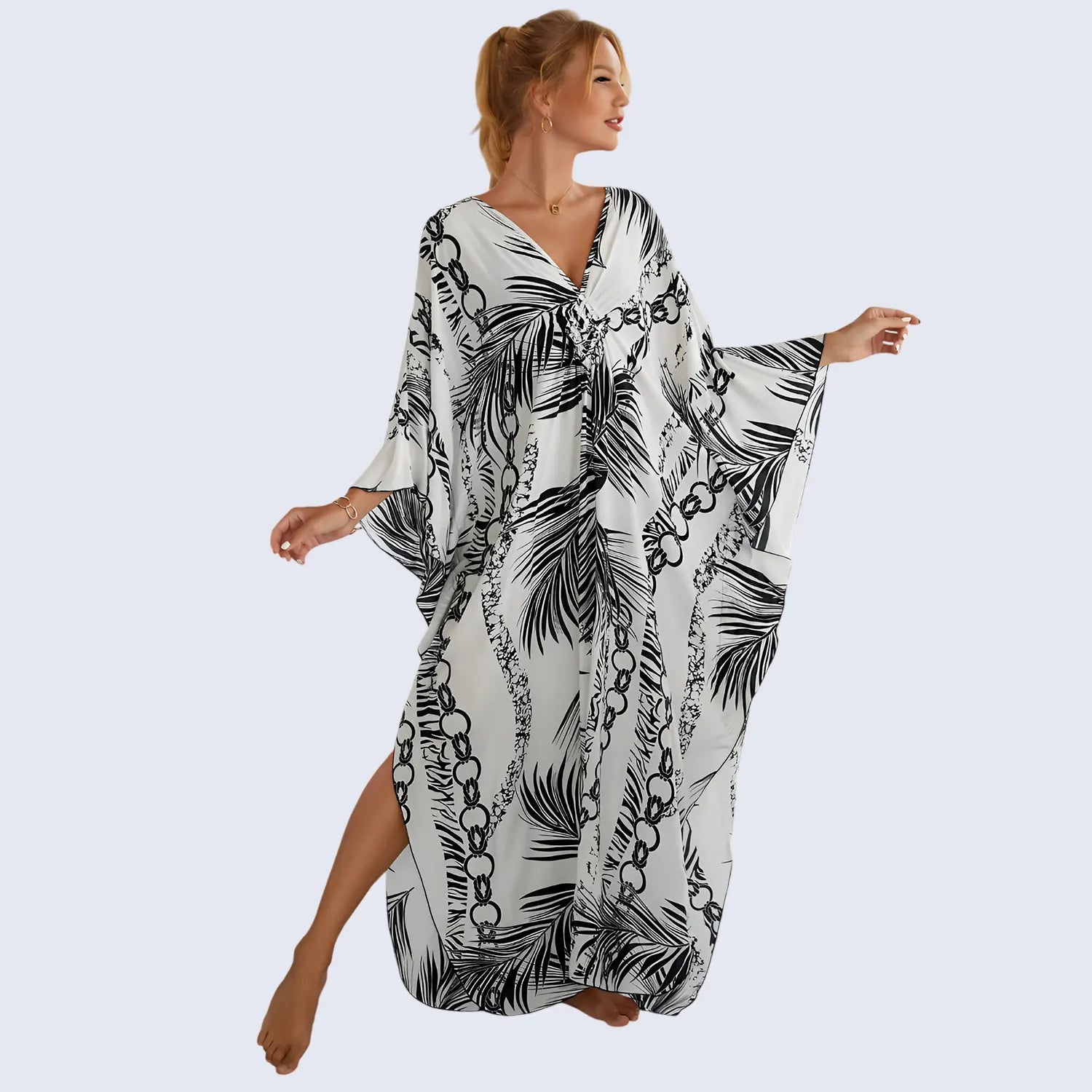Kaftan Summer Dresses, Braided V-Neck - White Palm, S-3XL