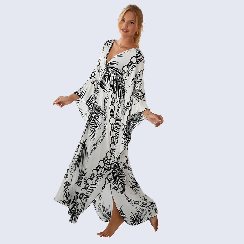 Kaftan Summer Dresses, Braided V-Neck - White Palm, S-3XL