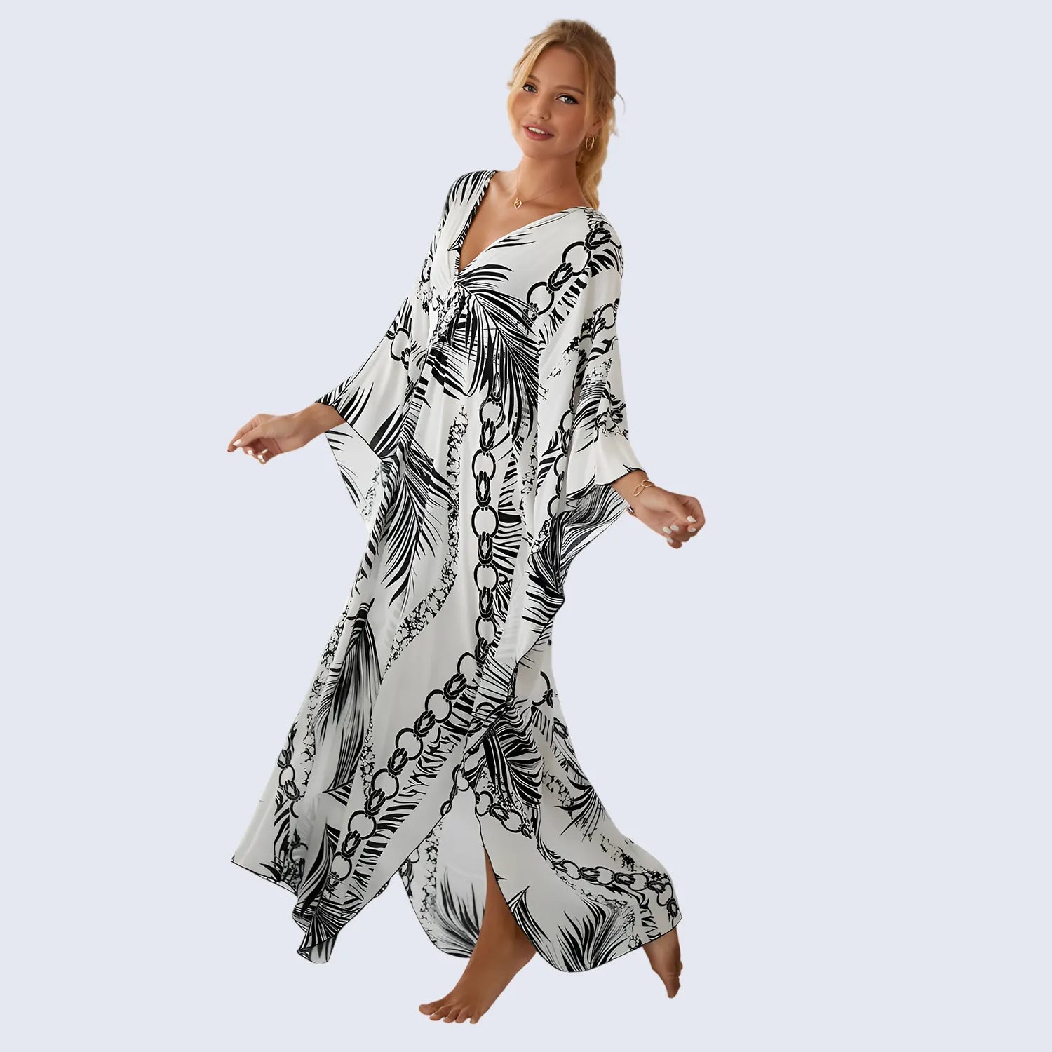 Kaftan Summer Dresses, Braided V-Neck - White Palm, S-3XL