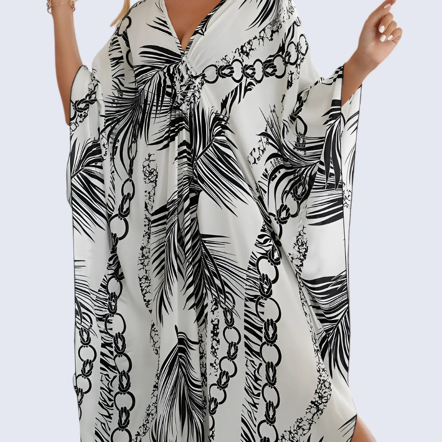 Kaftan Summer Dresses, Braided V-Neck - White Palm, S-3XL